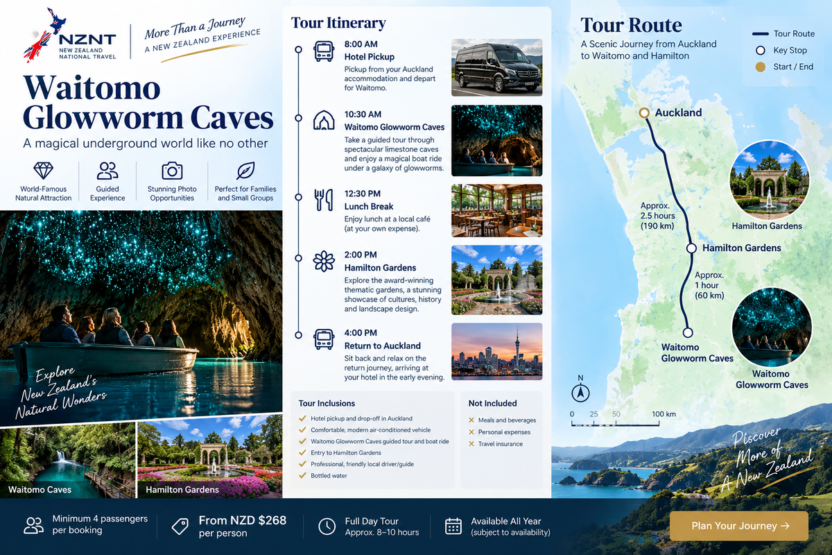 Hamilton Gardens and Waitomo day tour from Auckland with NZNT